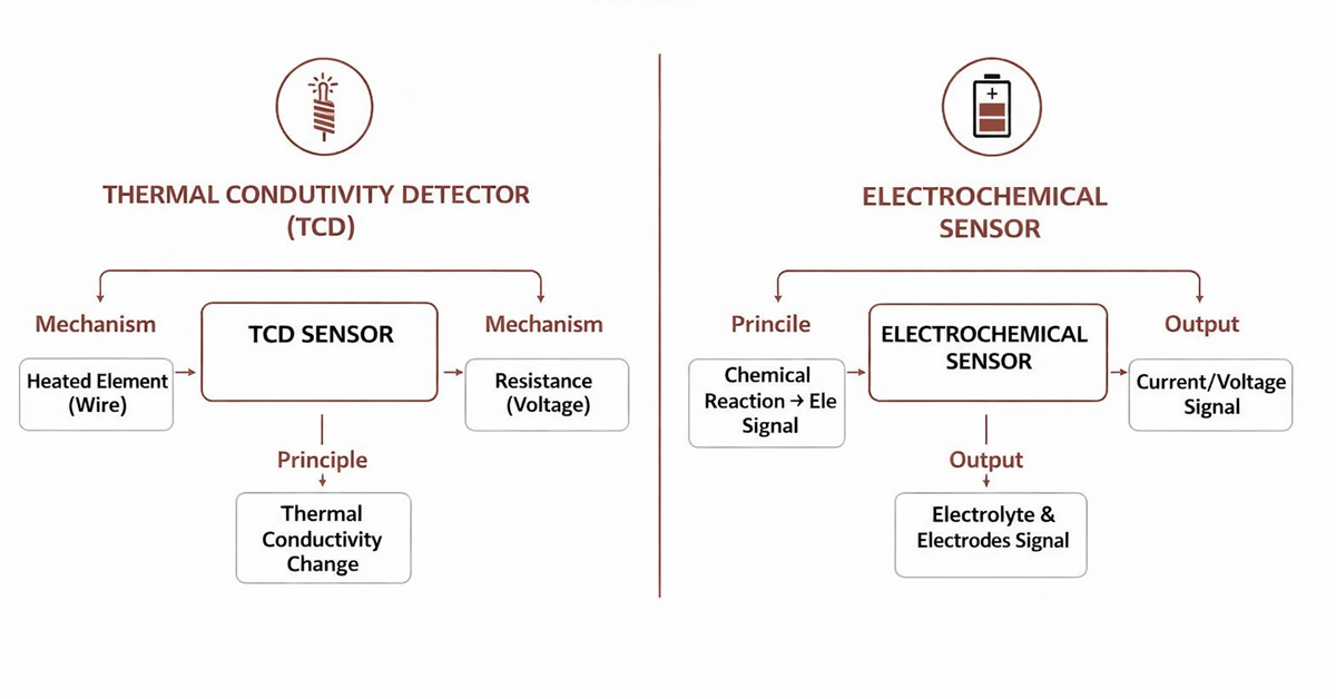 Diagram comparing Thermal Conductivity Detector (TCD) and Electrochemical hydrogen sensor technologies, detailing their mechanisms and principles.